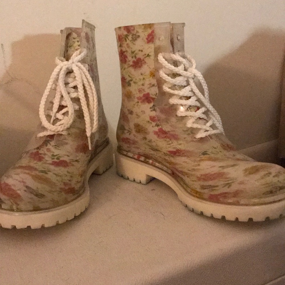 Doc marten style floral rain boots.